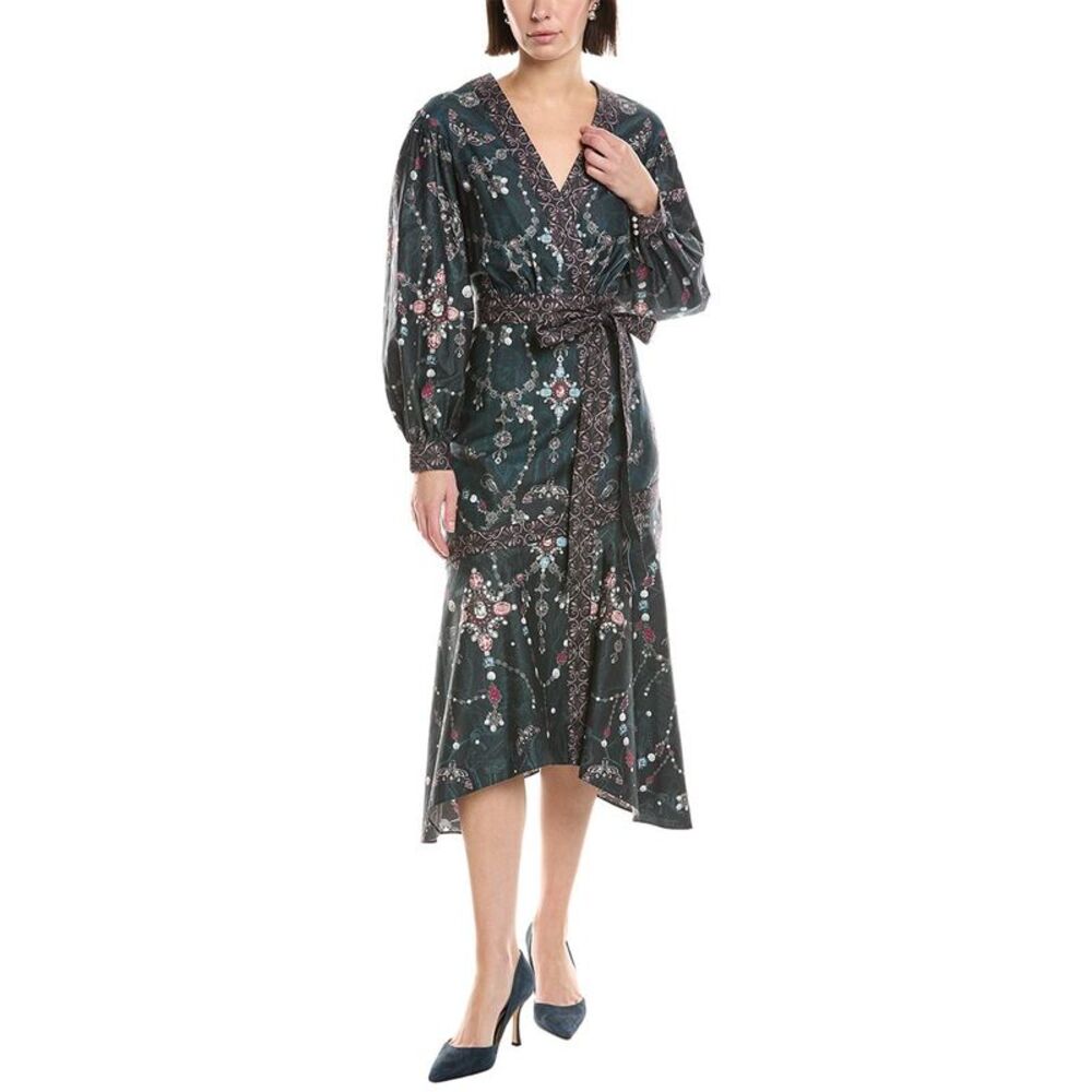 Marchesa Notte Womens  Printed V-Neck Midi Dress, Grey
